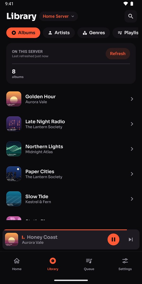 Audex library showing albums from a server
