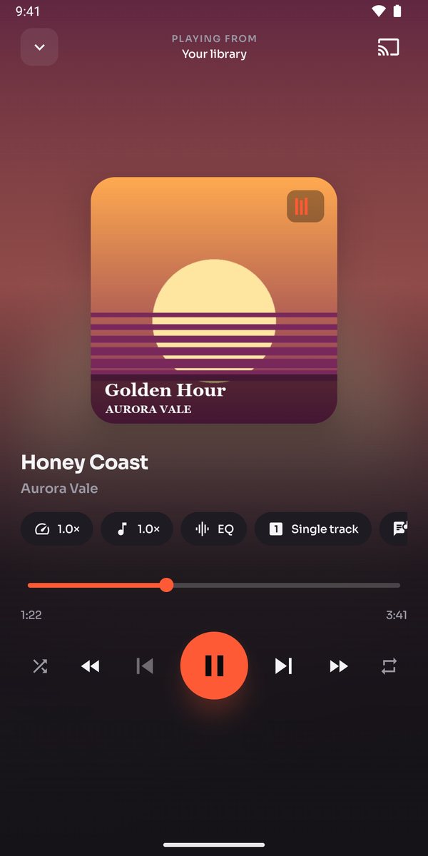 Audex playing a track from a home server