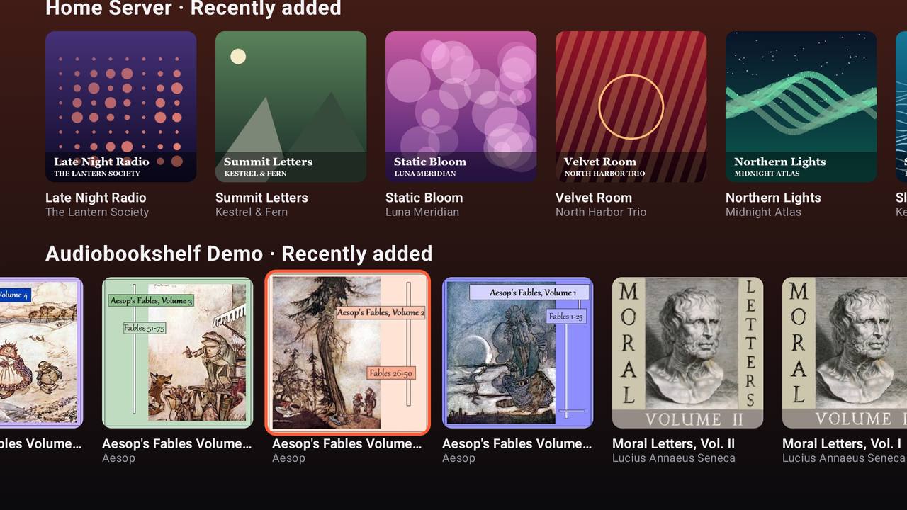 Audex on Android TV: the home screen with rows of recently added music and audiobooks from two servers